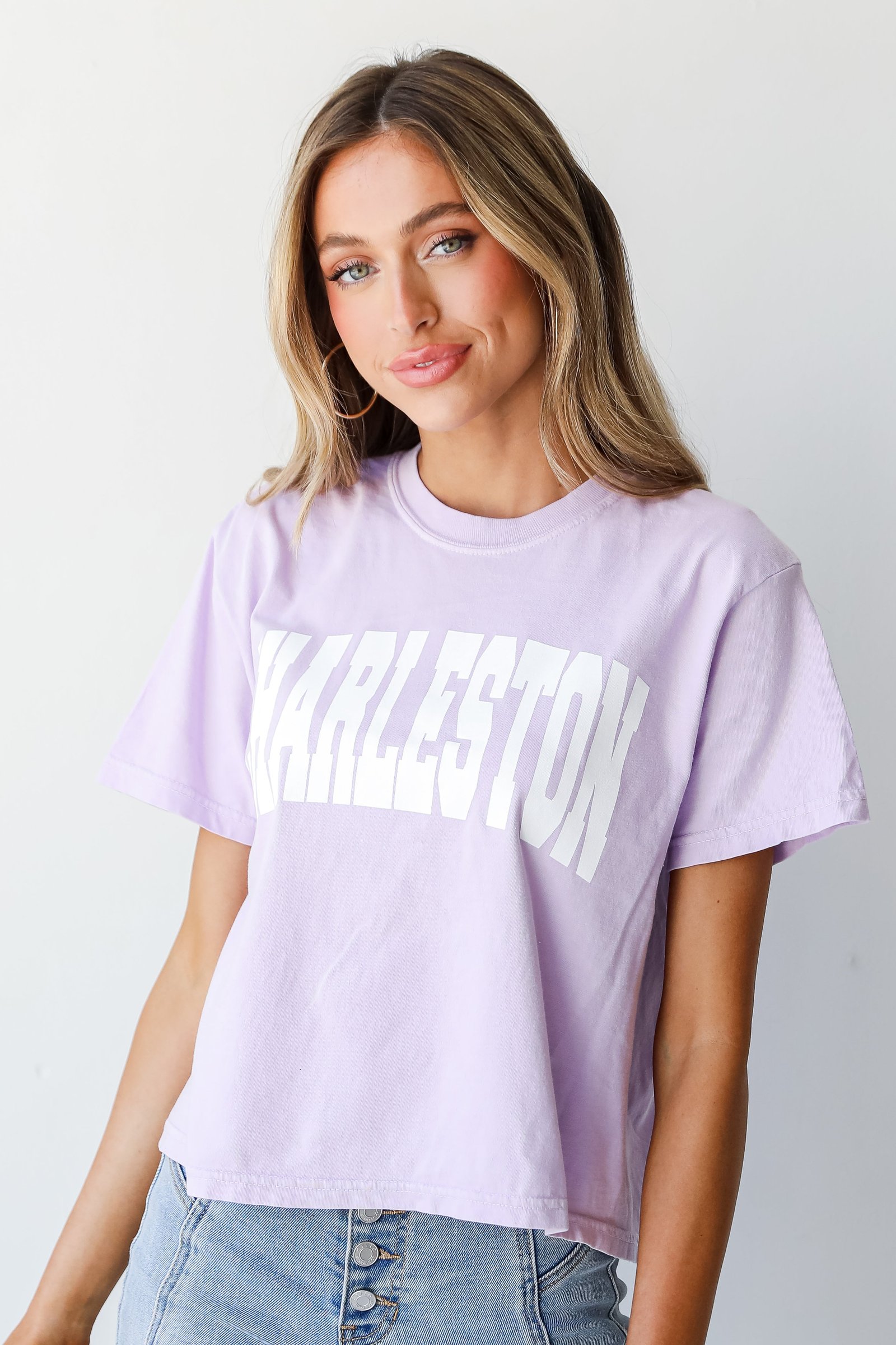 Lavender Charleston Cropped Tee on model