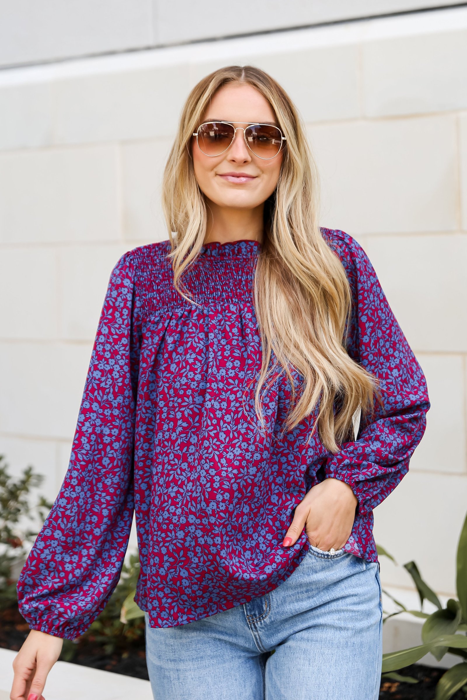 Radiantly Cute Burgundy Smocked Floral Blouse