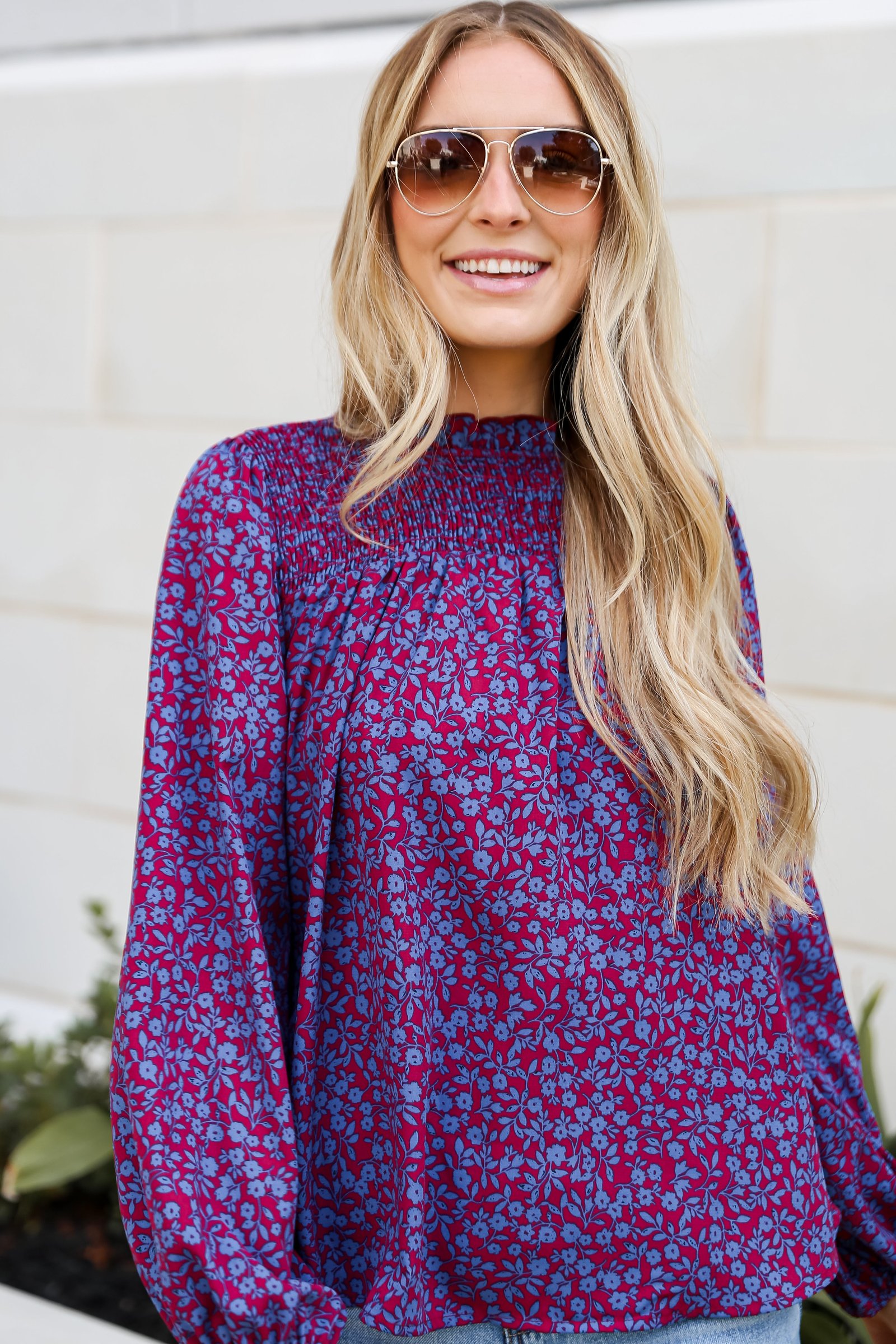 cute Burgundy Smocked Floral Blouse