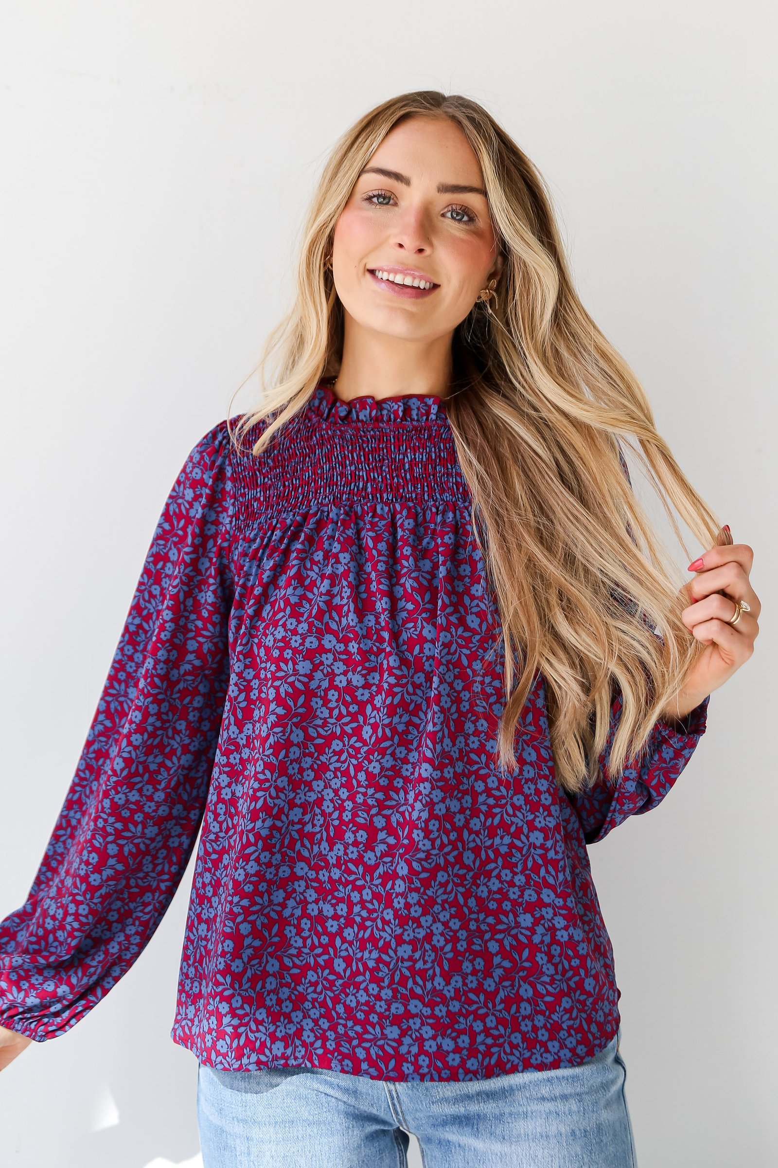 Radiantly Cute Burgundy Smocked Floral Blouse