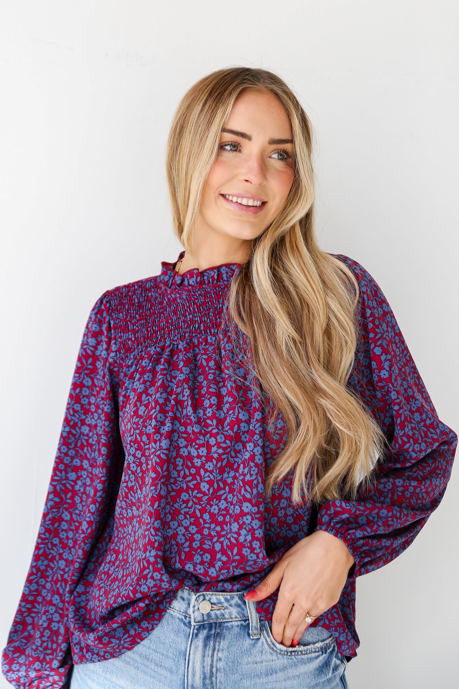 Radiantly Cute Burgundy Smocked Floral Blouse