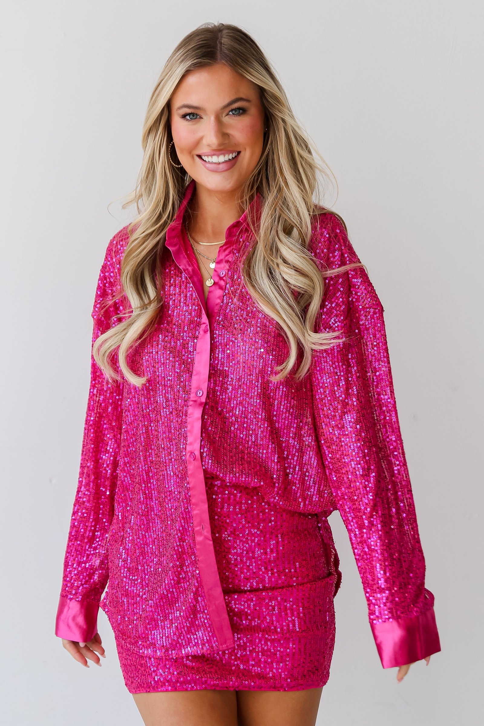 Delightful Ways Hot Pink Sequin Button-Up Blouse - DU DEAL