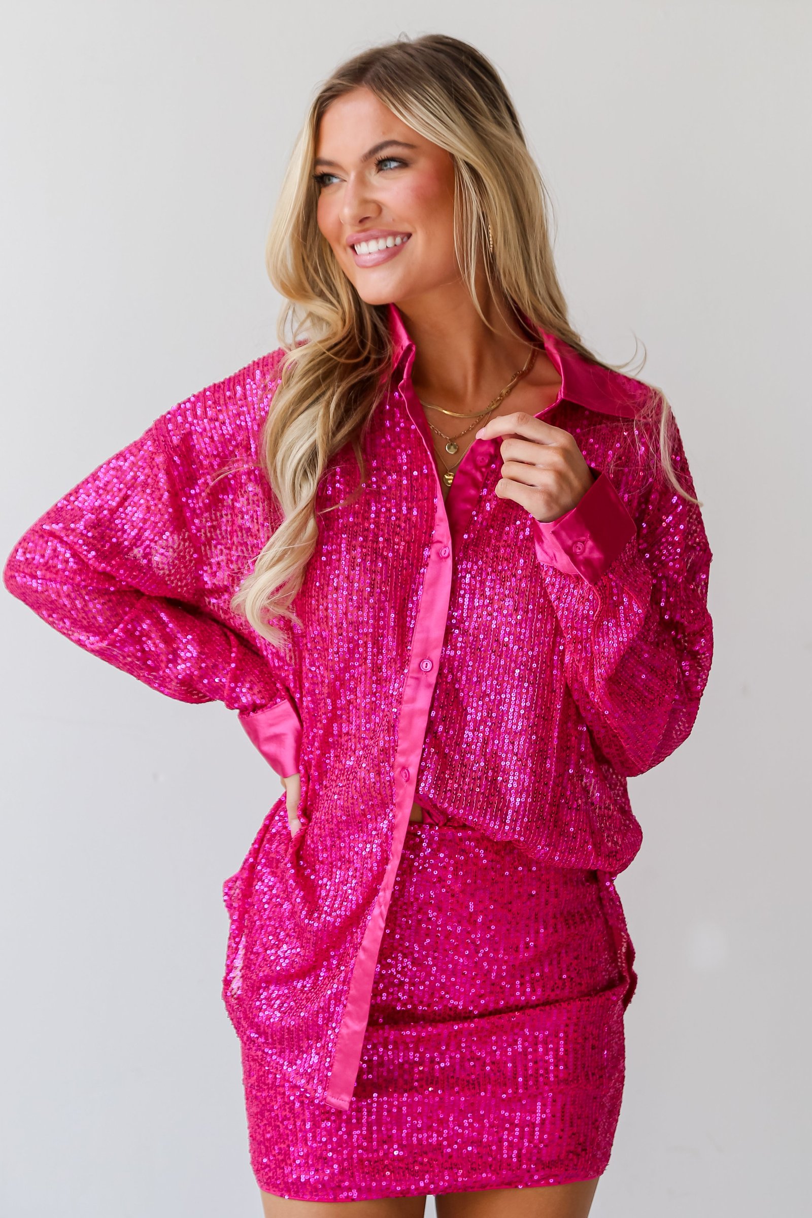 Delightful Ways Hot Pink Sequin Button-Up Blouse - DU DEAL