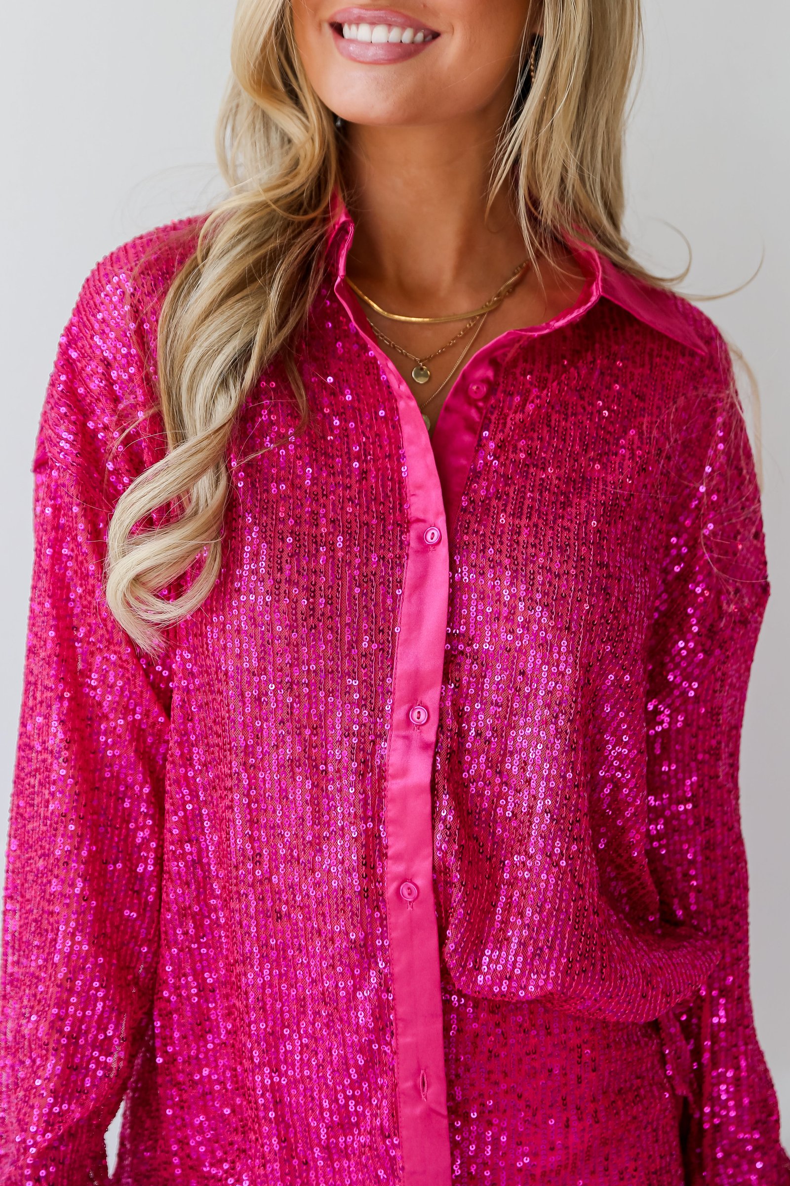 Delightful Ways Hot Pink Sequin Button-Up Blouse - DU DEAL