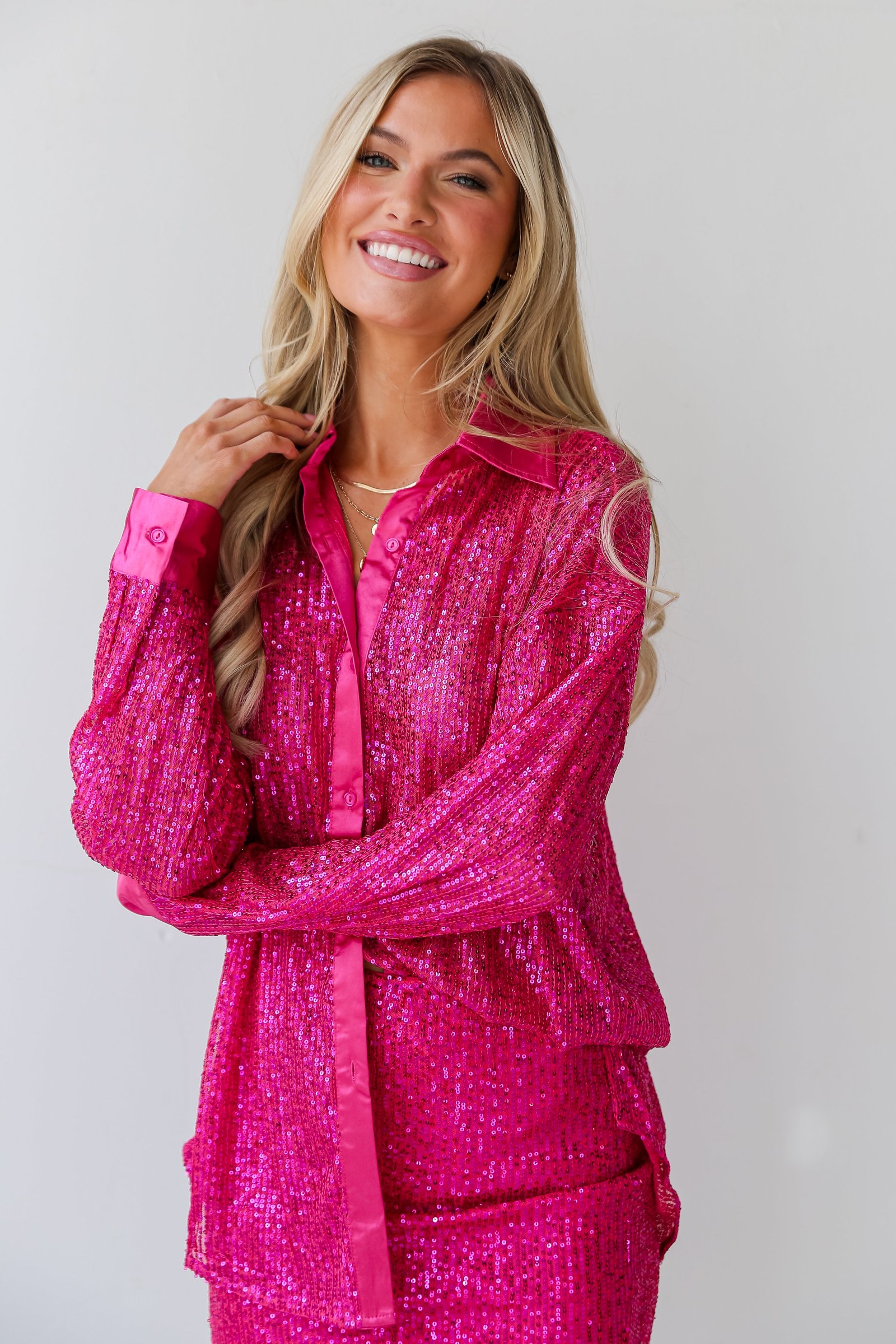 Delightful Ways Hot Pink Sequin Button-Up Blouse - DU DEAL