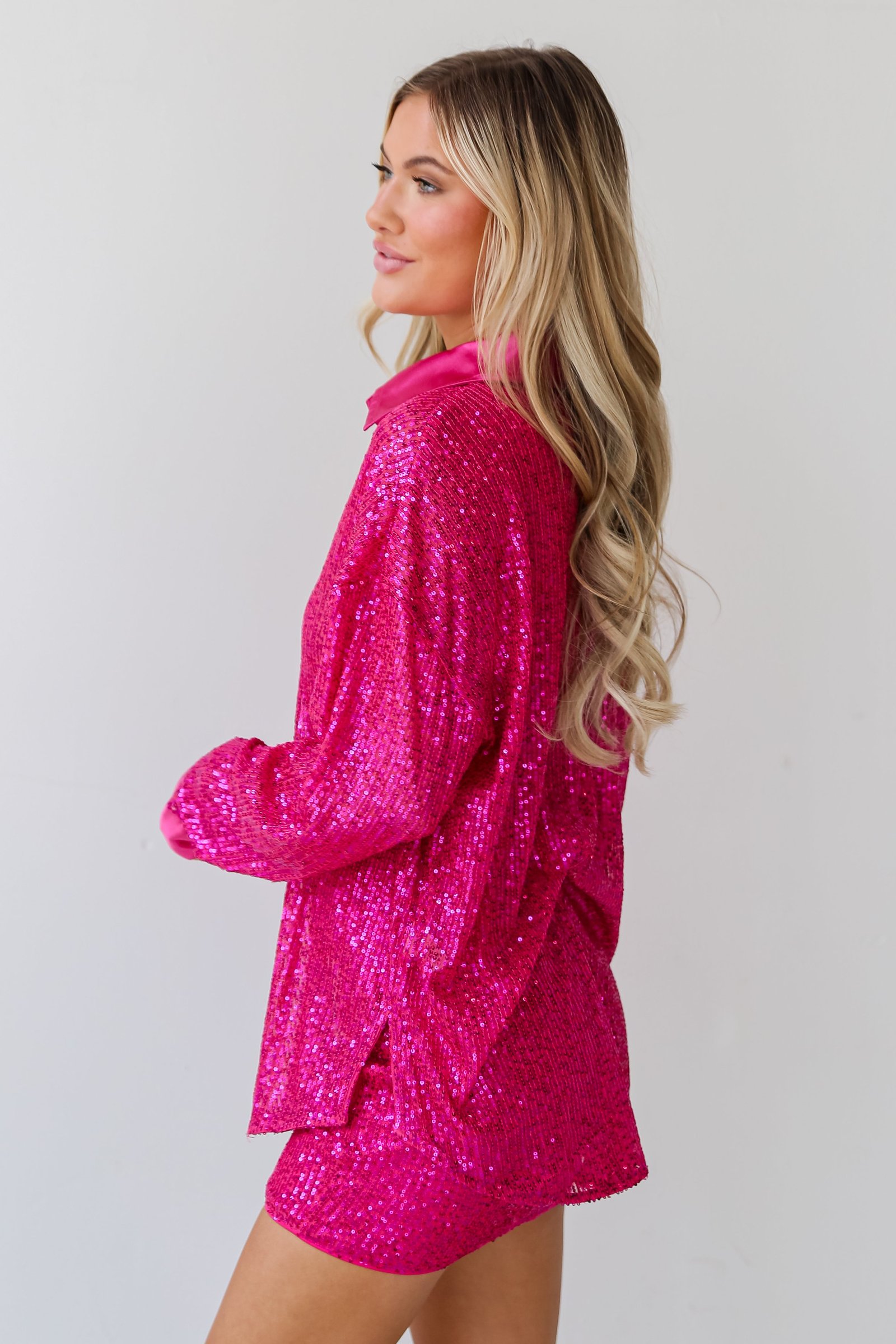 Delightful Ways Hot Pink Sequin Button-Up Blouse - DU DEAL