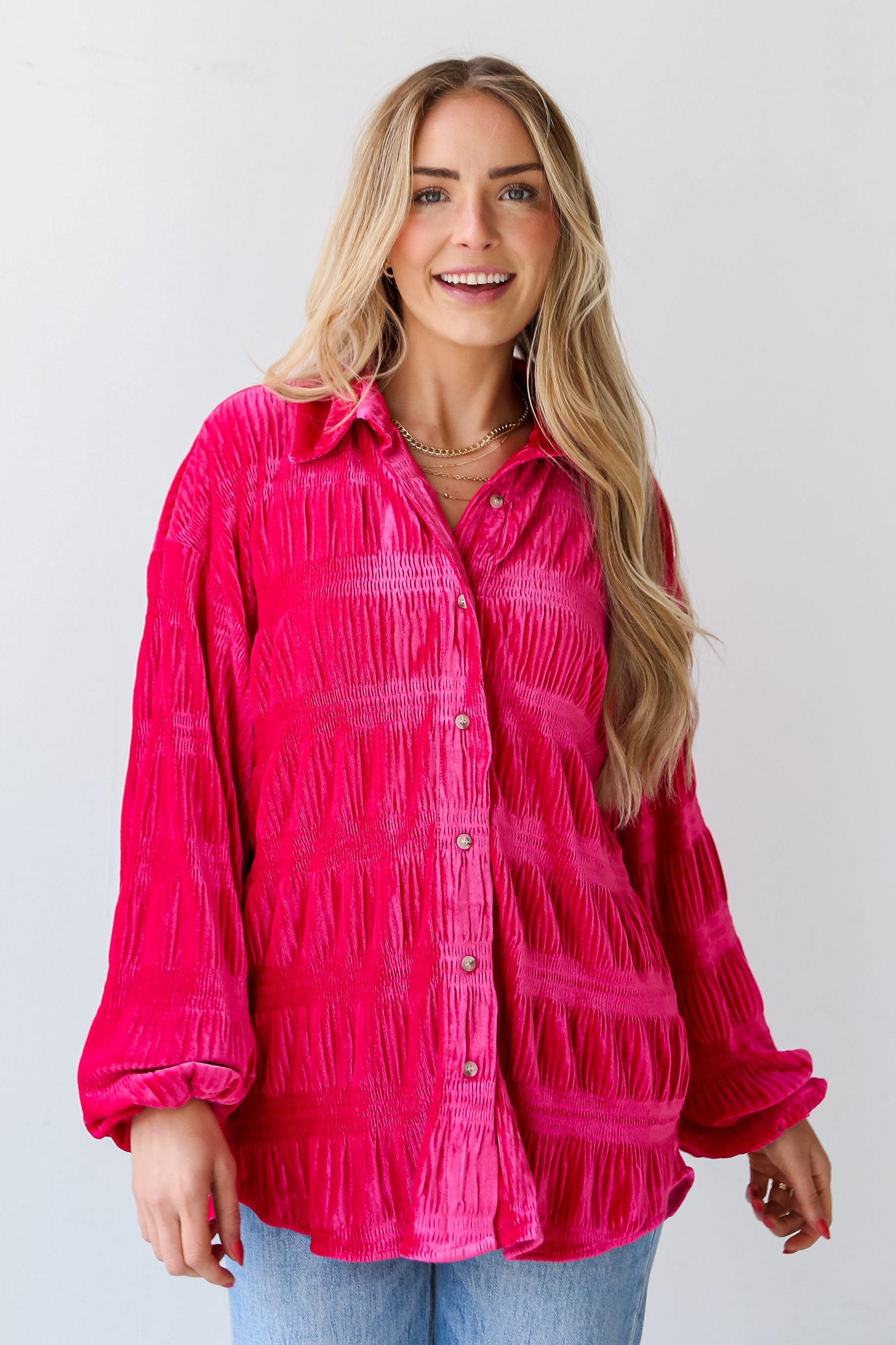 Perfectly Dramatic Fuchsia Velvet Button-Up Blouse