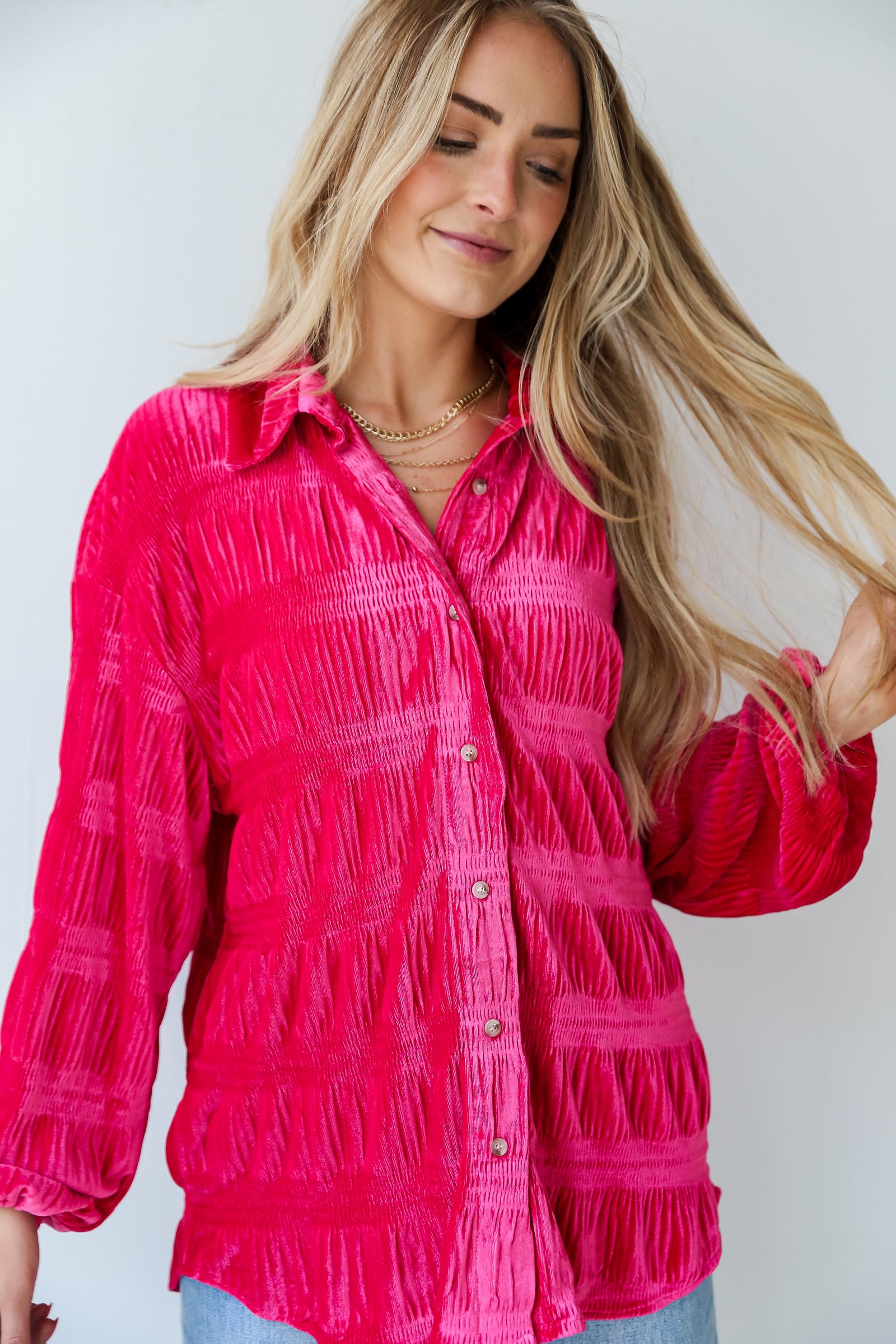 Perfectly Dramatic Fuchsia Velvet Button-Up Blouse