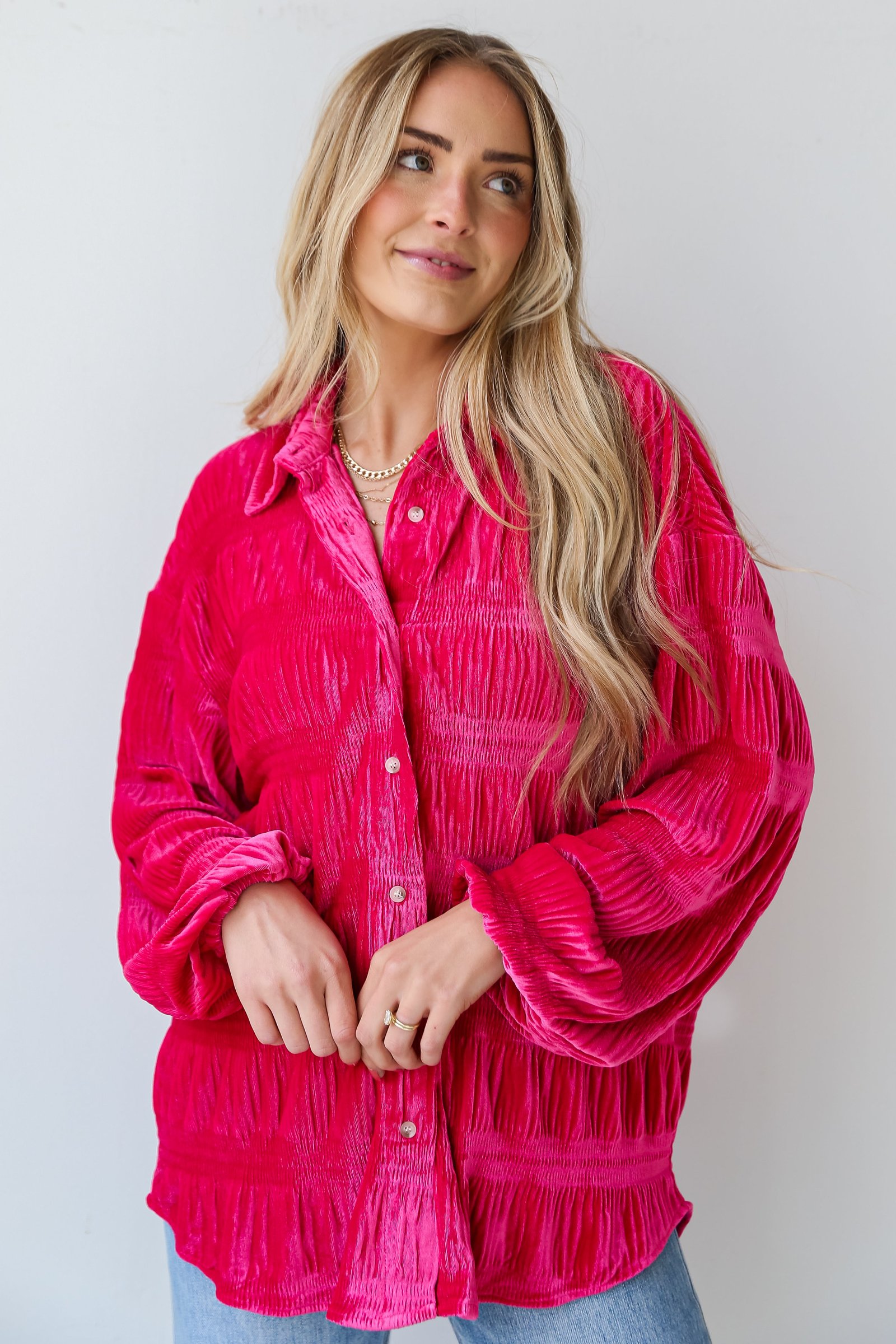 Perfectly Dramatic Fuchsia Velvet Button-Up Blouse