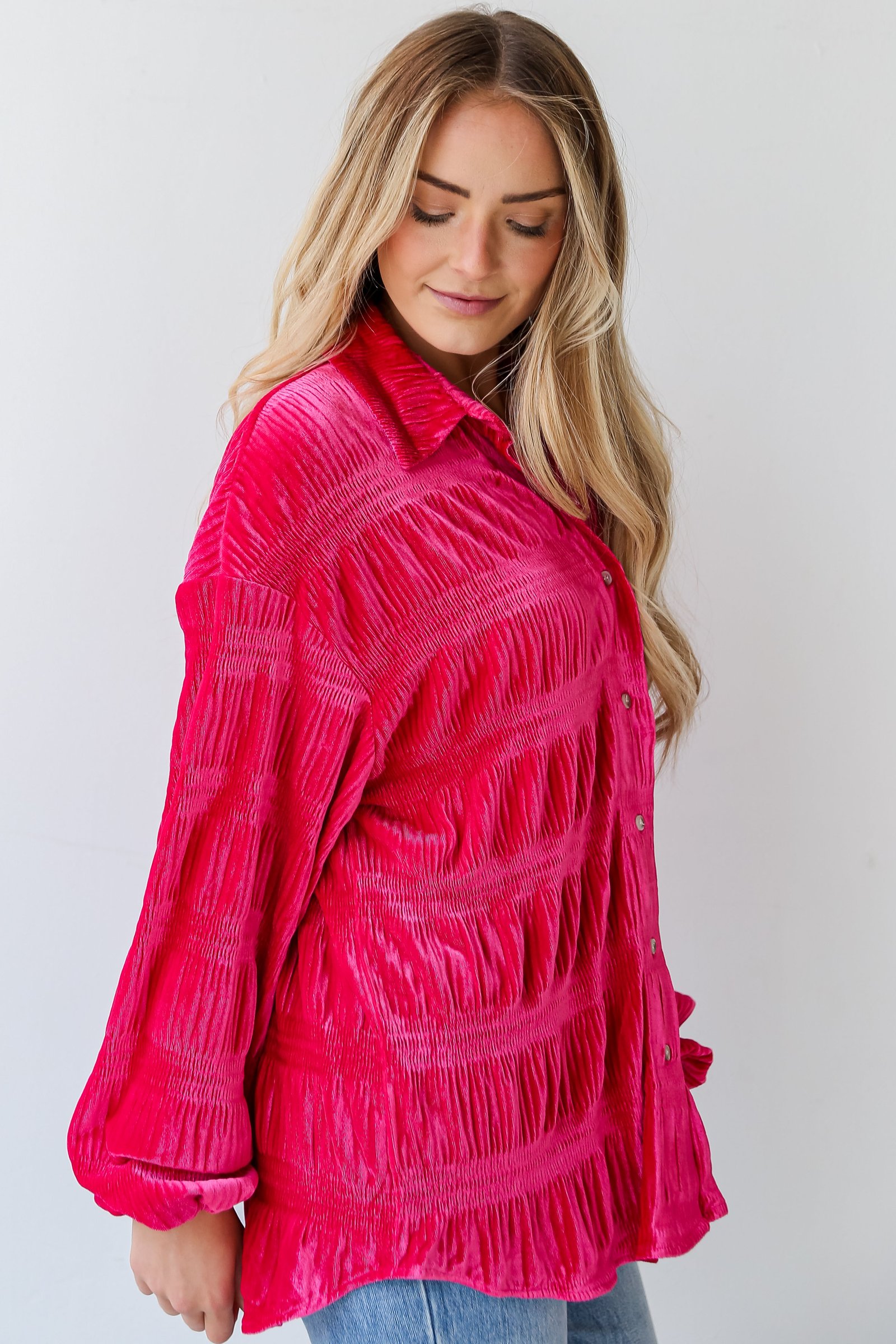 Perfectly Dramatic Fuchsia Velvet Button-Up Blouse