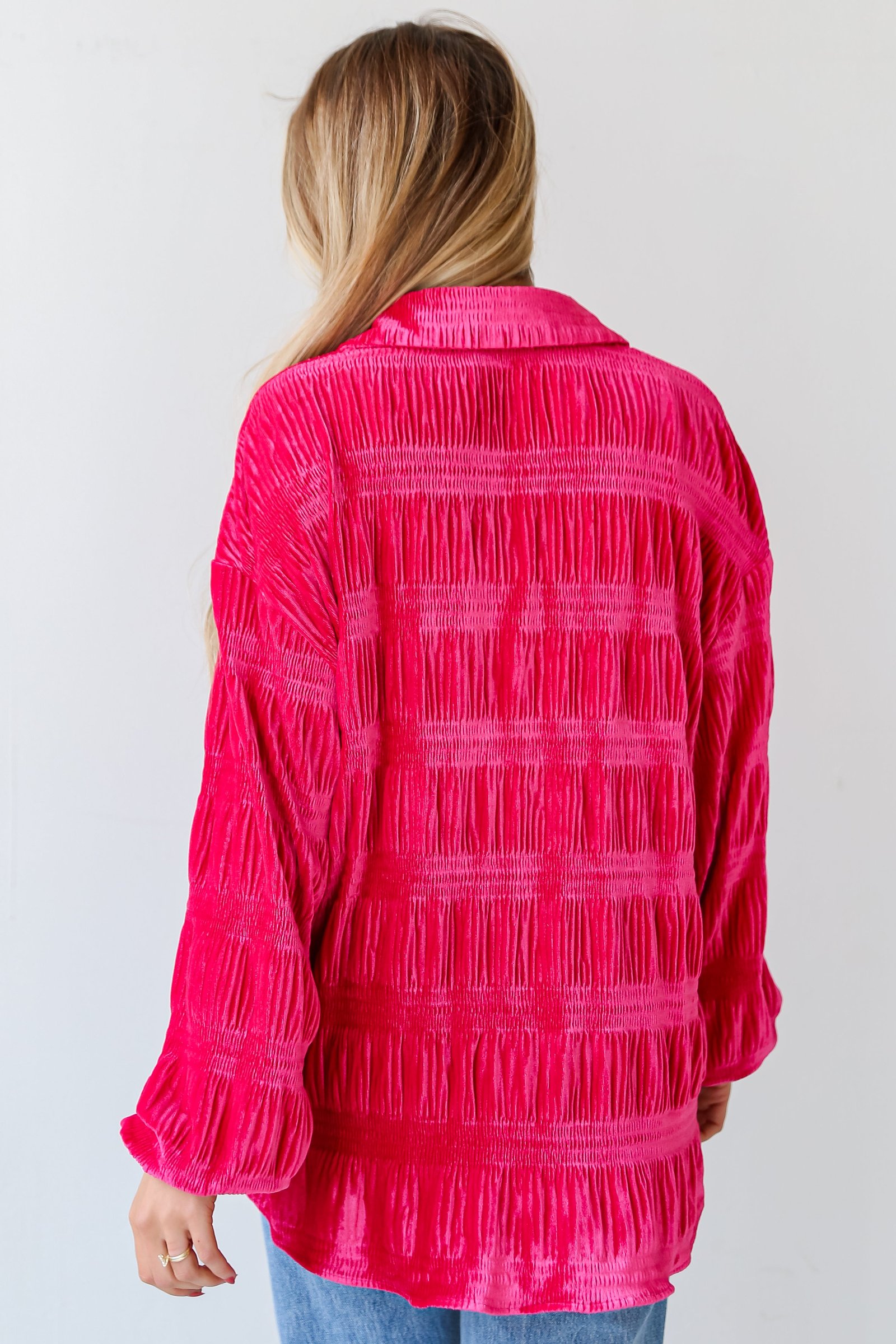 Perfectly Dramatic Fuchsia Velvet Button-Up Blouse