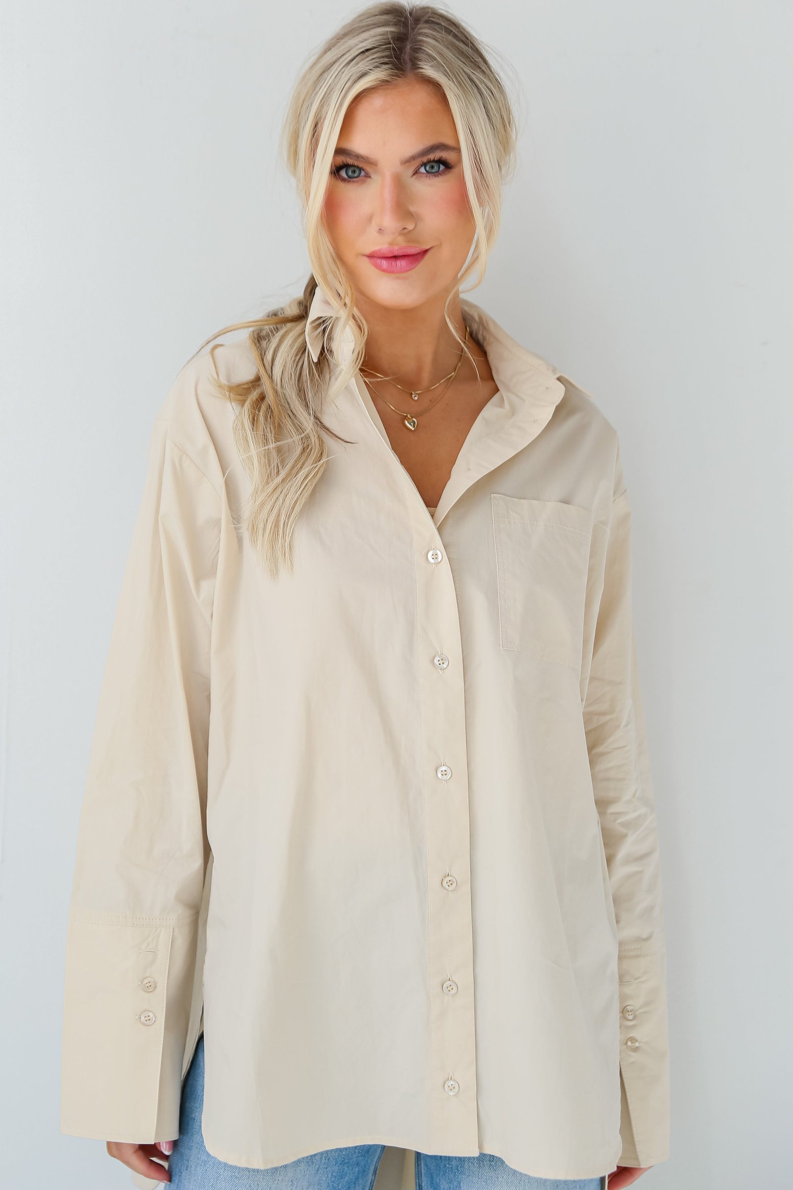 Sleek Mindset Khaki Button-Up Blouse