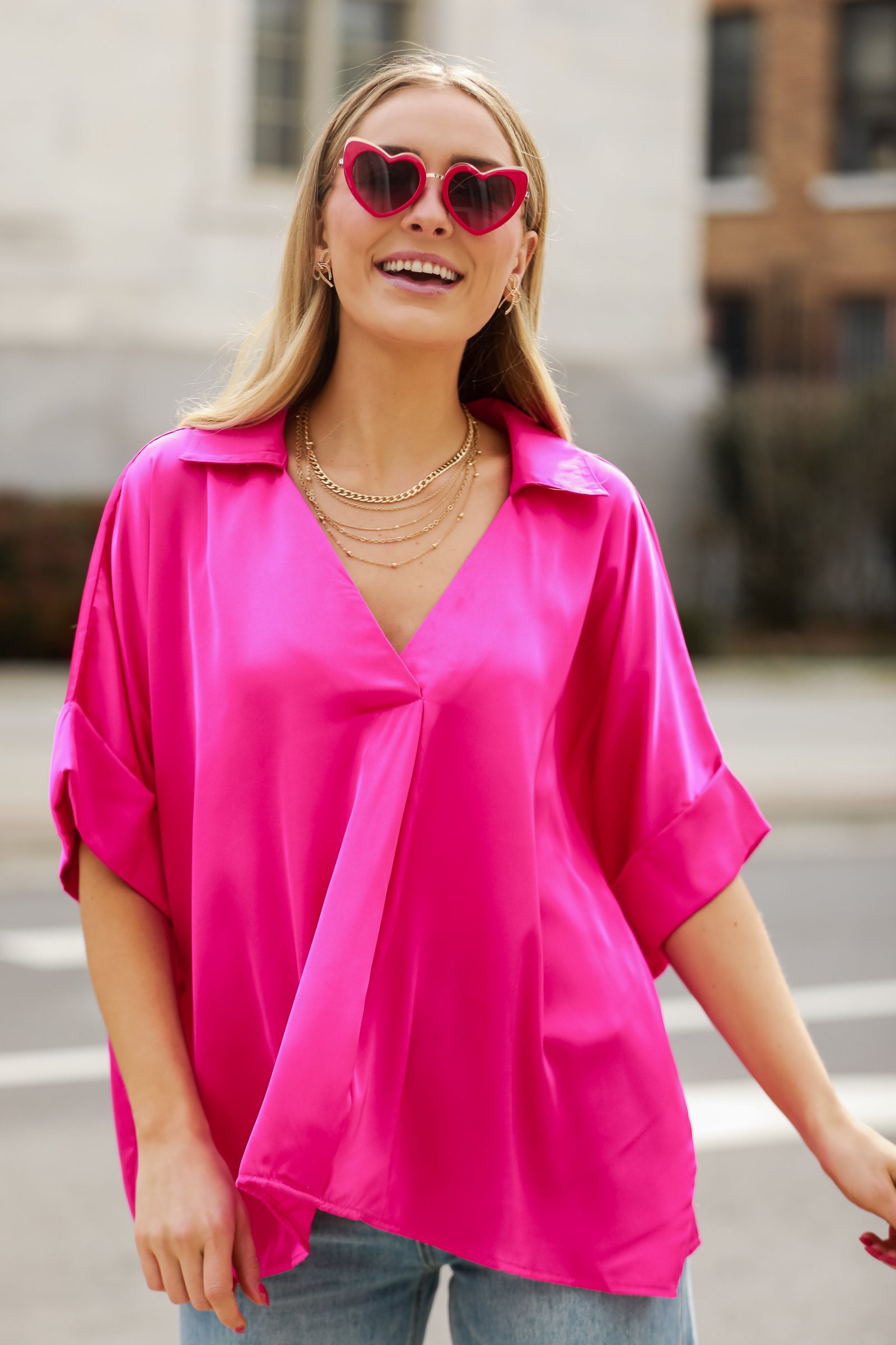 Captivating Presence Hot Pink Satin Blouse