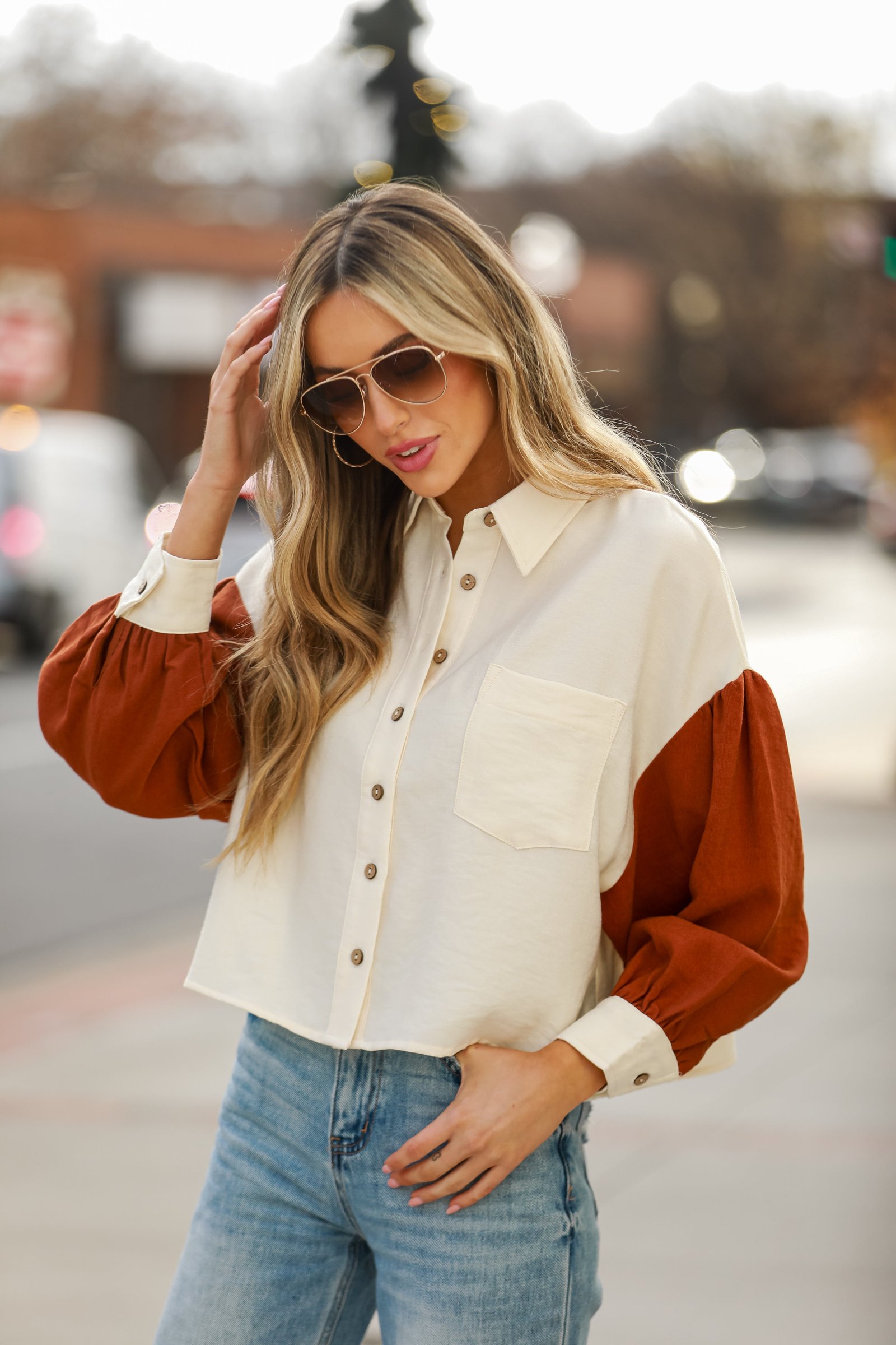 Picturesque Charm Ivory Color Block Corduroy Button-Up Top