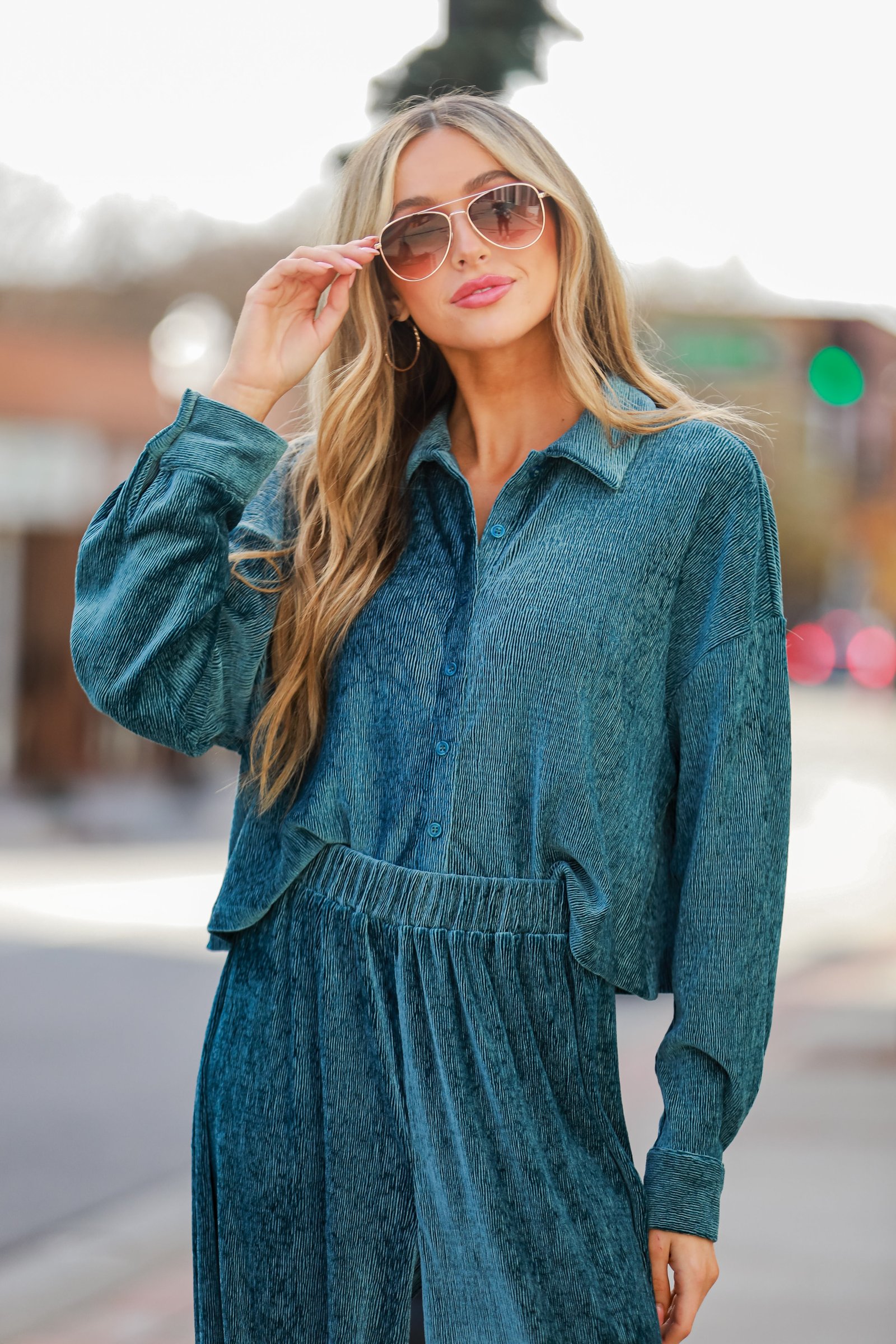 Luxurious Dream Teal Velvet Plisse Blouse